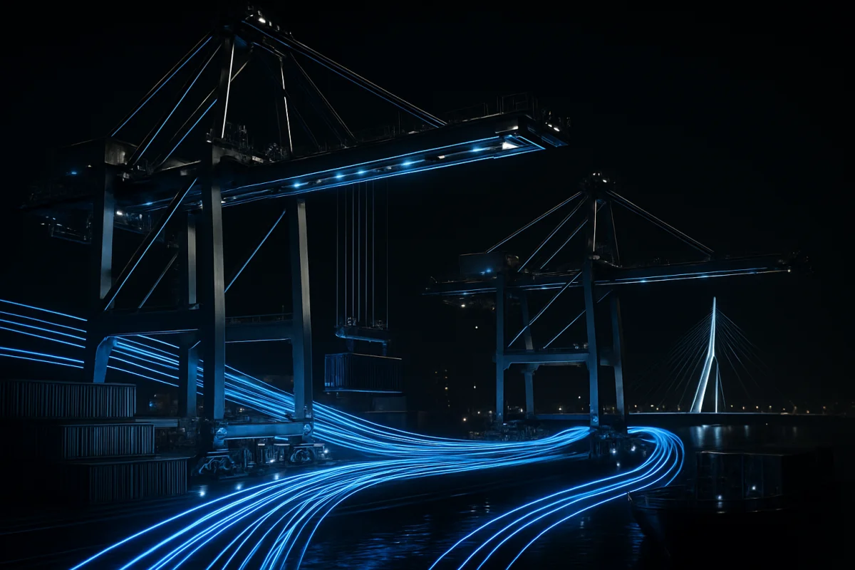 Rotterdam harbor port infrastructure at night